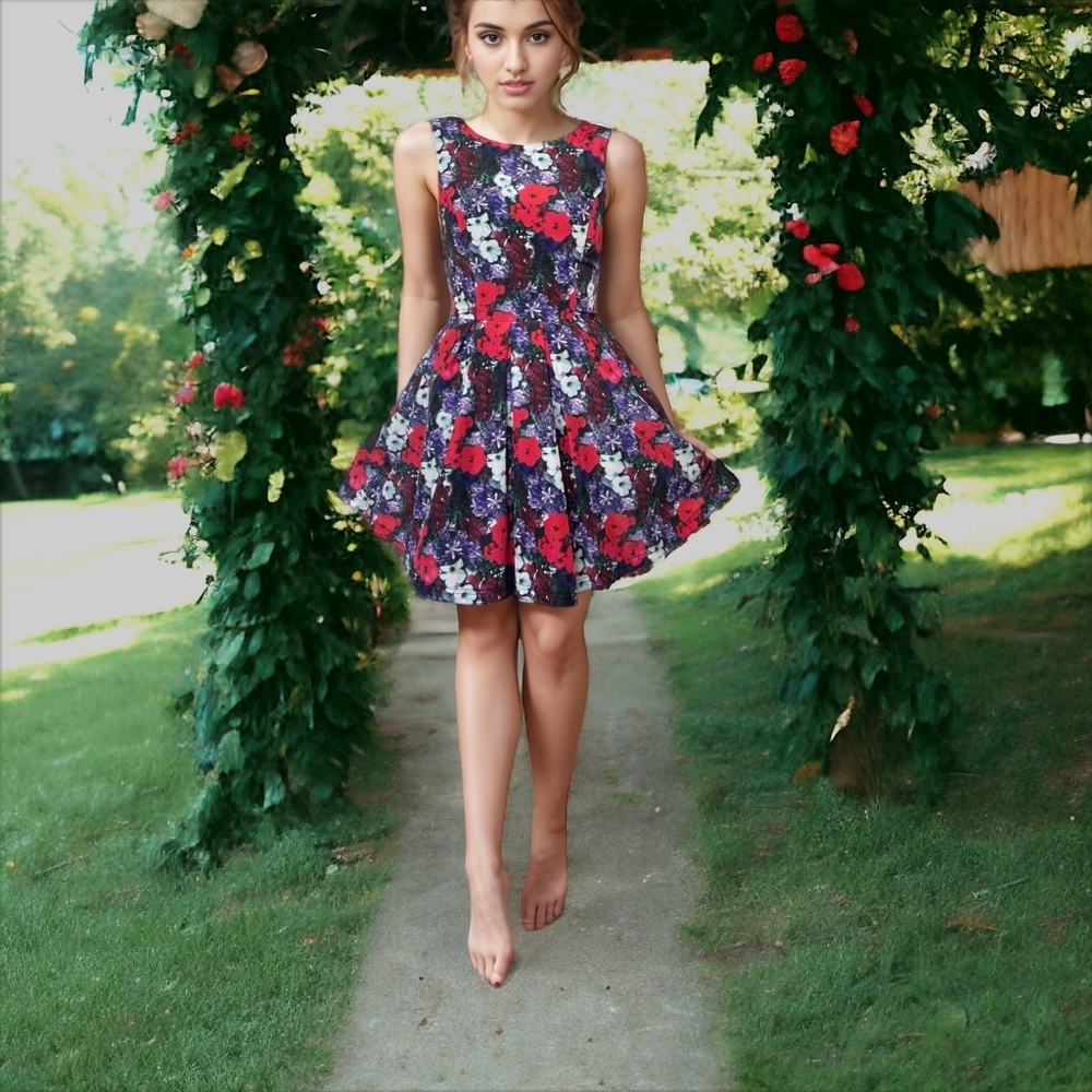 Forever 21 Lavender & Red Orange Floral Fit & Flare Dress Size Small